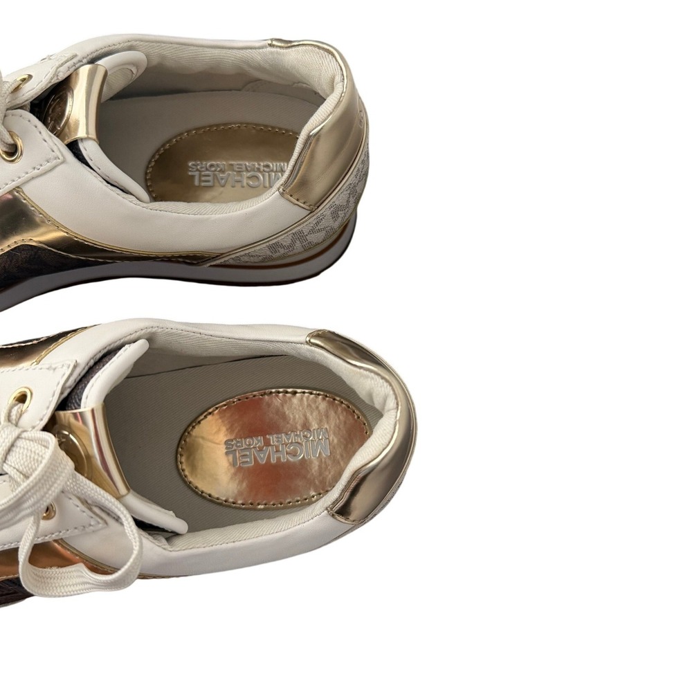 Michael Kors Maddy Mixed Media Sneakers Vanilla Gold Logo Monogram 7.5M NWOB - Picture 8 of 9